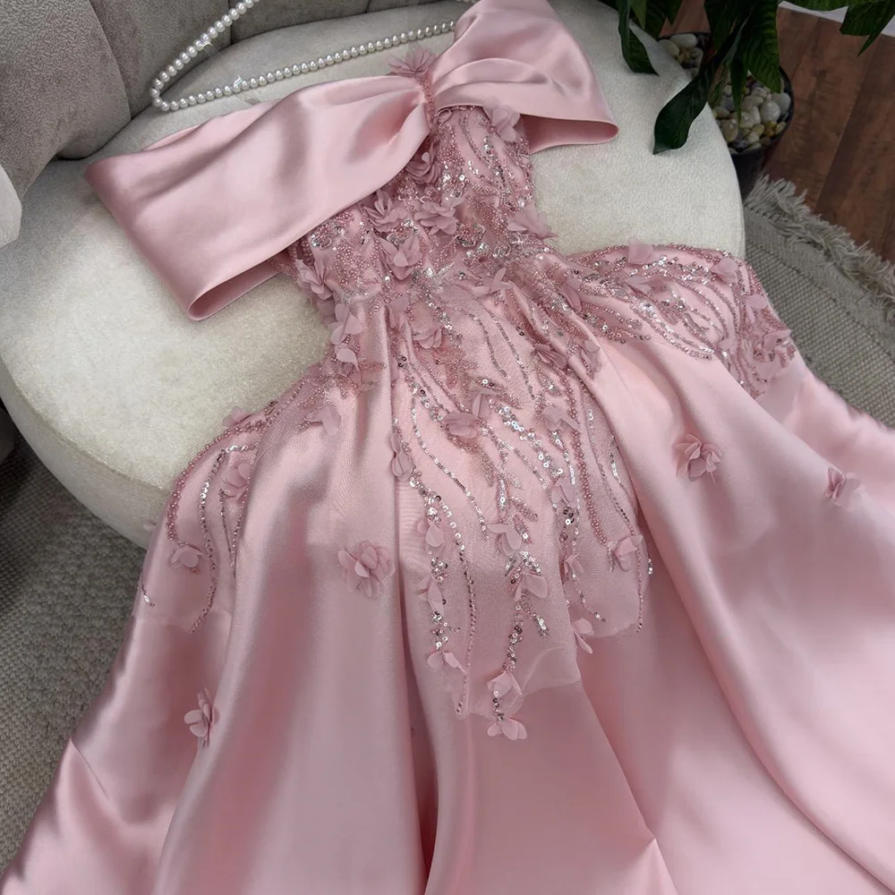 Appliques Sequined Pearls Zipper Back Sweep Train Satin Sleeveless Off the Shoulder Strapless Floor Length Exquisite Prom Dress