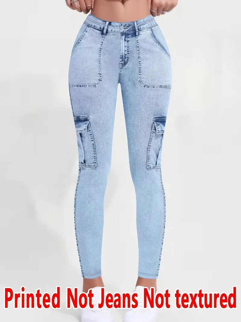 Bedruckte Damenleggings, kein Denim-Stoff, Design mit Scheintaschen und Knöpfen, hochelastische, modische, schmal geschnittene, lässige Skinny-Hose – Detail 1