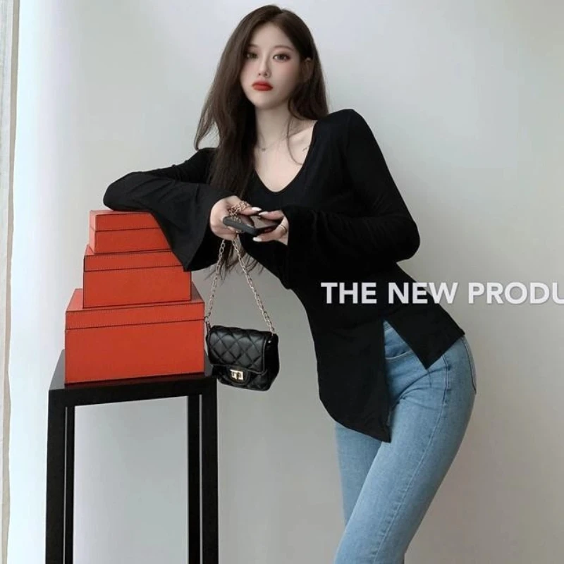 

Slit Hem Simplicity Slim Long Sleeve Korean Tops Spring Autumn New Thin Solid Fashion Youth T Shirts Casual Sexy Women Clothing