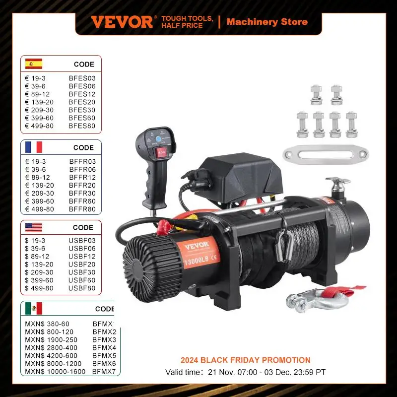 VEVOR Treuil Électrique 12 V 13000 lb 5897 kg avec Télécommande Sans Fil 2 en 1 20 m Treuil à Corde