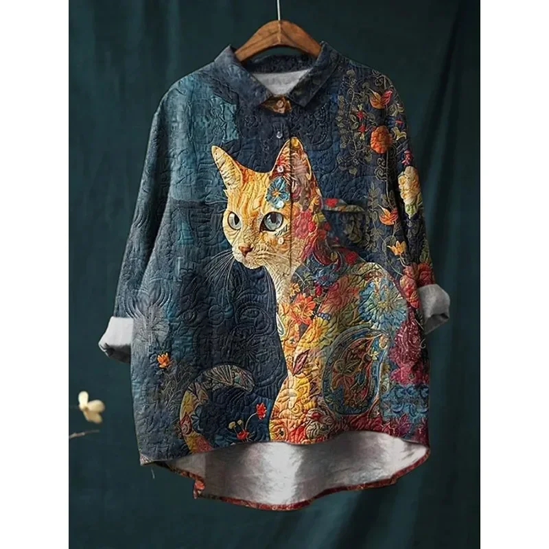 Camicia Casual in misto lino con stampa Animal Cat Art da donna camicette floreali colletto alla coreana camicie a maniche lunghe Vintage Indian Folk Tops