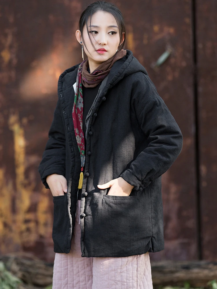 

Высококачественные стеганые пальто из хлопка и льна, женское новое поступление, зима 2025 года, однотонные свободные женские толстые теплые куртки с капюшоном M2086