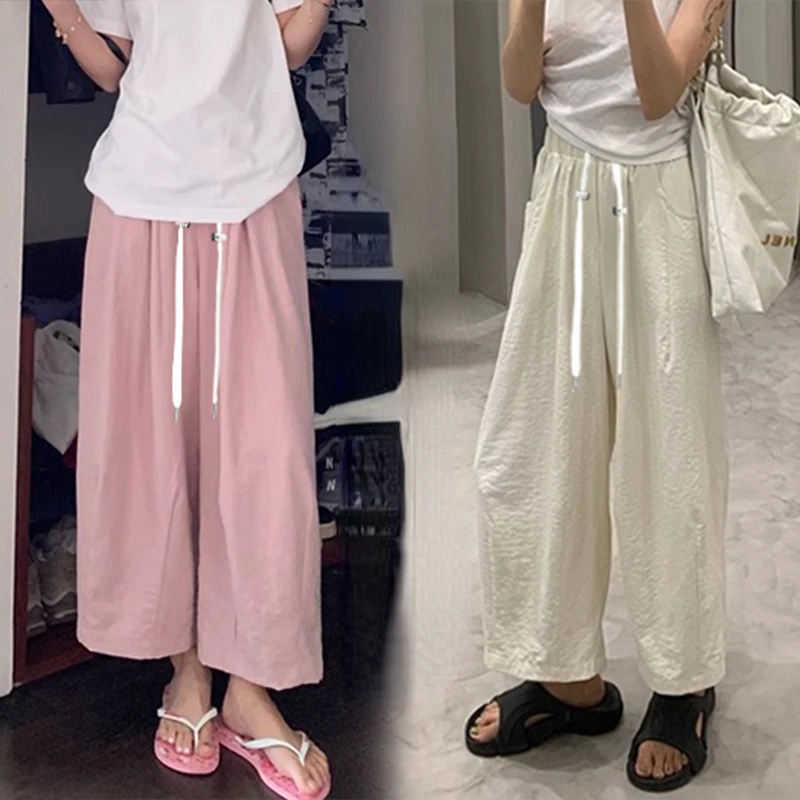 

Japanese Style Pregnant Women's Summer Trousers Wide Legs Maternity Loose Casual Belly Pants Pleated Plus Size Cropped Pants