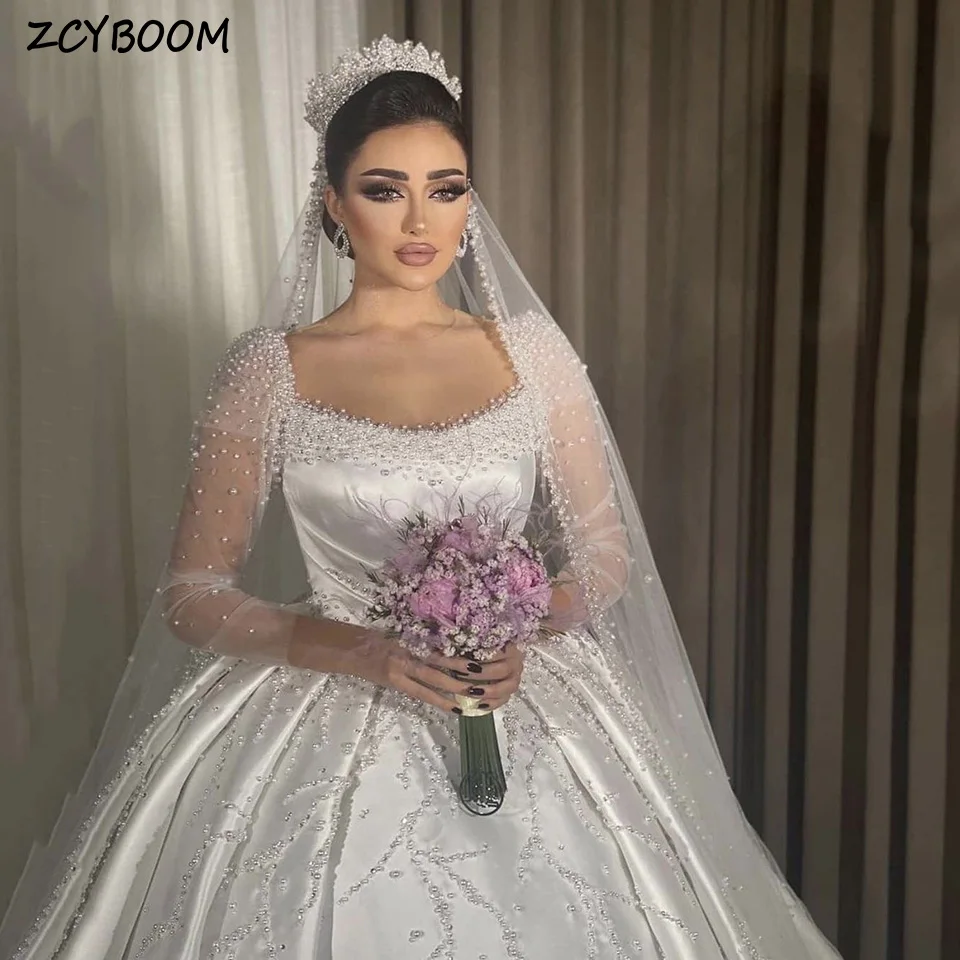 Vestido de novia de lujo con cuello en V, traje blanco con manchas de perlas, longitud hasta el suelo, tren de barrido, encaje, hecho a medida, 2024