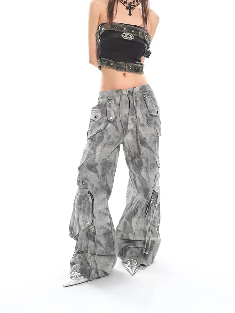 Duty Multi Pocket Cargo Pants Women Spring Summer Distressed Wide Leg Trousers Deconstructed Streetwear Casual Utility Jeans