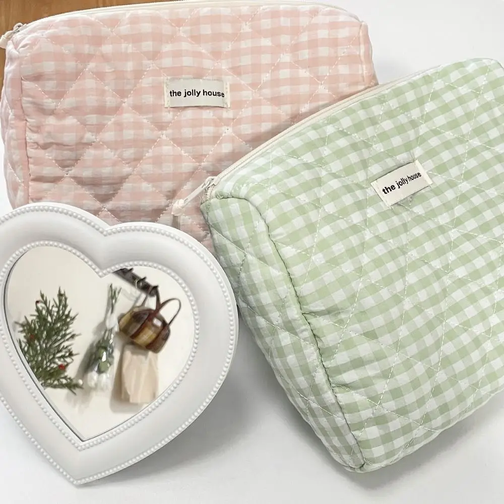 Cute Large Capacity Makeup Bag Quilted Cotton Plaid Cosmetic Storage Bag Soft Portable Makeup Pouch Bathroom