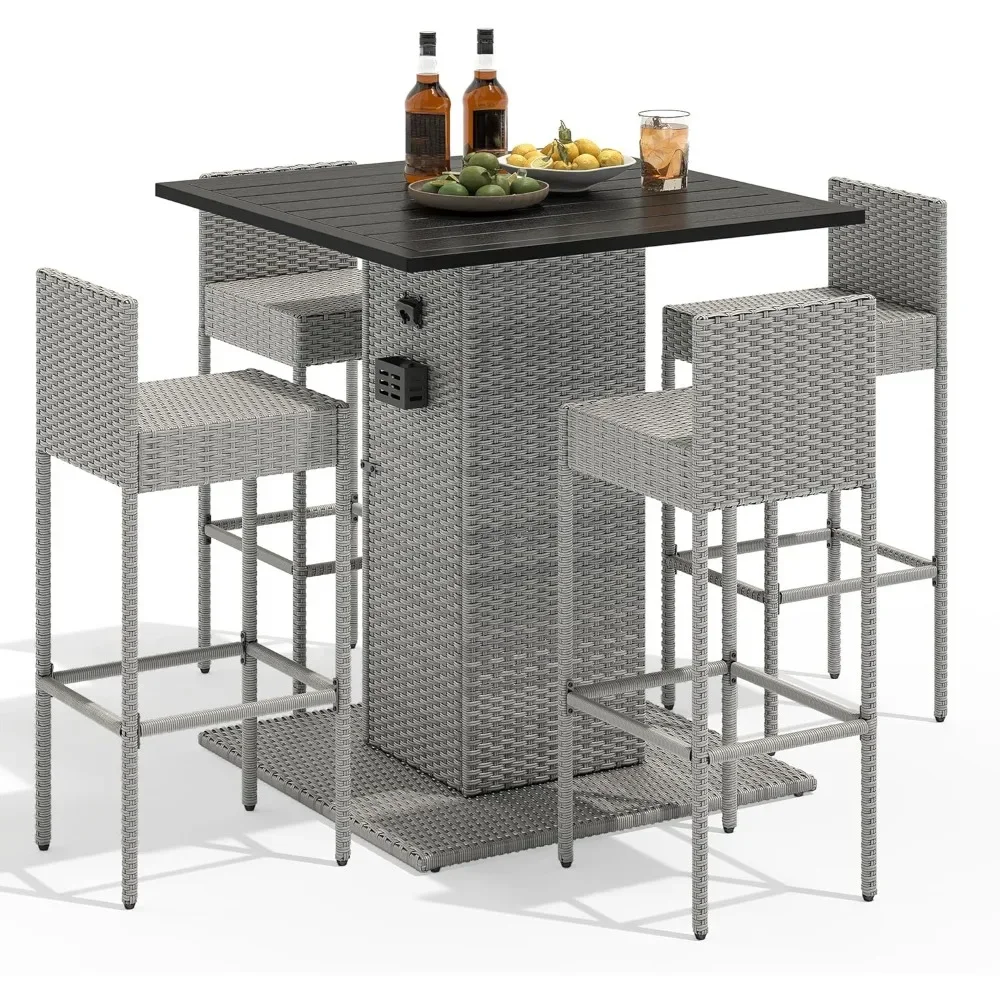 

5-Piece Outdoor Wicker Bar Set with Built-in Bottle Opener, Storage Shelf & Metal Tabletop, 4 Stools with Backrest for Patios,