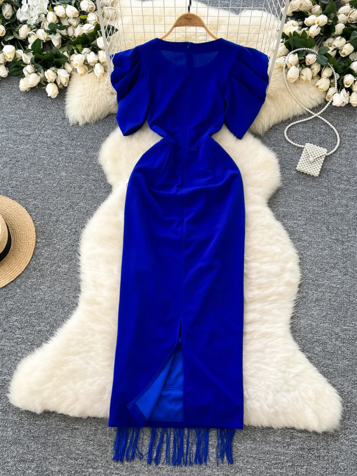 Ele High-End da donna Dr Faionable pieghettato Bubble Sve abito lungo sottile con nappe che impiegano la vita gonna a trapezio coreana