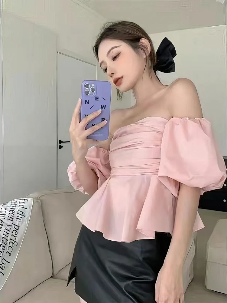 Silk Denim Puff sleeve Woman Shirt Youth Sexy Off shoulder Blouse Summer Korean Fashion Summer Tops Backless