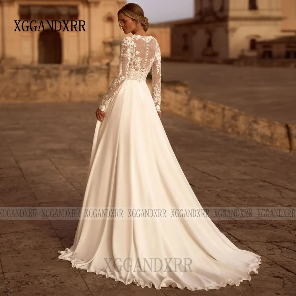 فستان زفاف شيفون بأكمام طويلة مخصص 2026 فستان زفاف برقبة دائرية مزين بالدانتيل سويب تراين امرأة العروس ملابس رسمية بيضاء