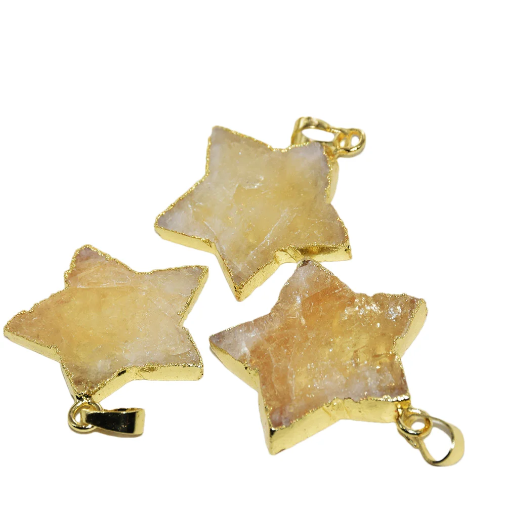 Natural Citrine Yellow Crystal Stone Star Pendant 2022 Women Accessories Quart Gold Plated Bezel Quartz Diy Jewelry Making 5pc