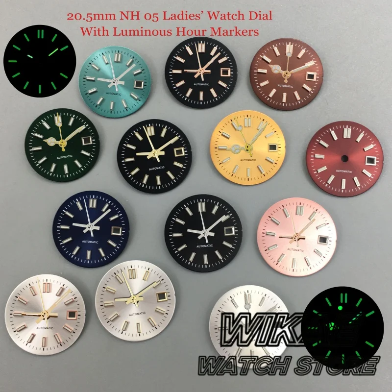 20,5 mm Damen-Sonnenstrahl-Zifferblatt, grüne Leuchtmarkierungen, Datumsfenster, passend für NH05 Automatikwerk, Damen-Armbanduhr, Mod-Ersatzteil