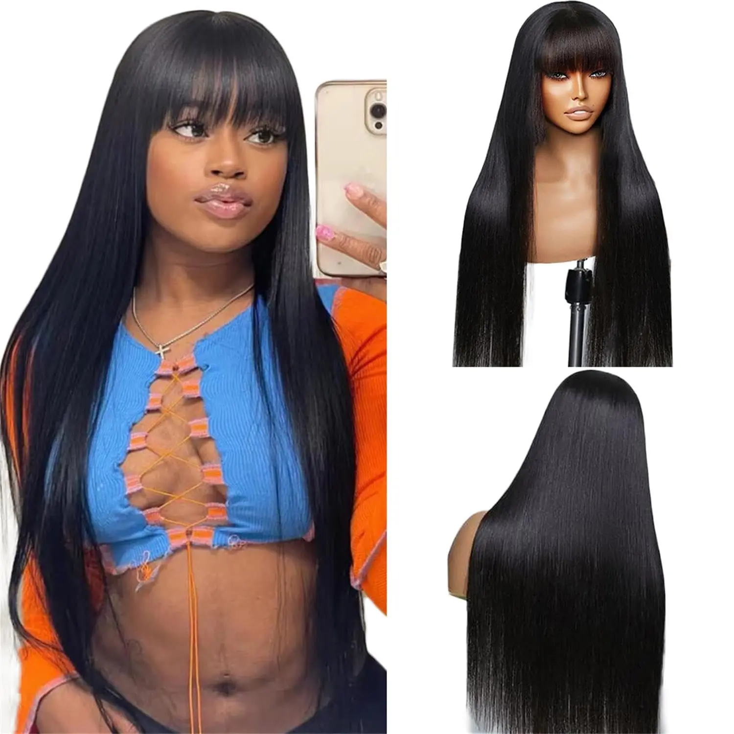 Straight Wigs With Bangs Human Hair Wigs For Black Women None Lace Front Wigs 180% Density Brazilian Virgin Hair Glueless