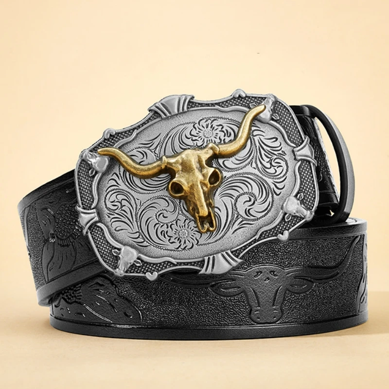 Men's Western Cowboy Style Belt, Zinc Alloy Long Bull Horn, Pattern Carving Flowers and Long Horn Decoration, Retro Style Belt