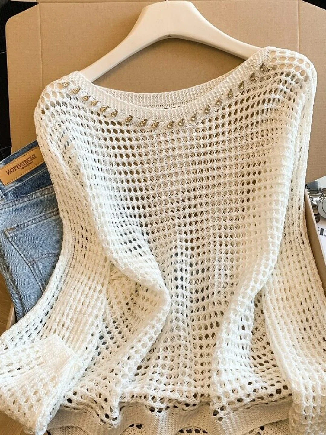 

Korean Style round Neck Diamond Embellished Long Sleeve Knitted Top Women's Summer New Thin Sun Protection Loose Versatile Top