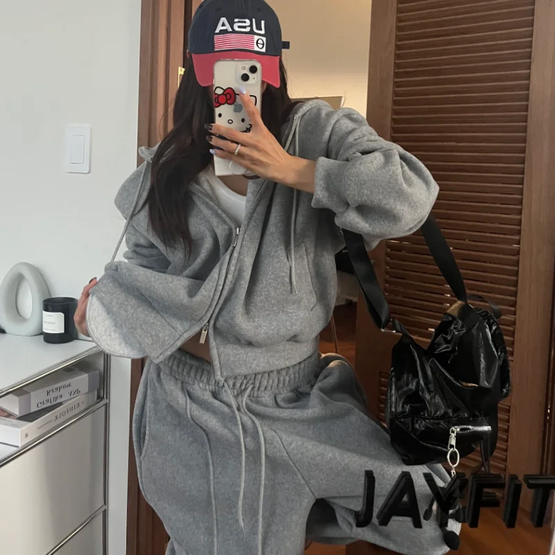 Korean Sle Double Zipper Fluffy Hoodie Jaet Women's Dstring Trousers Autumn Winter Two-Piece Set Soft Comfortable Swea...