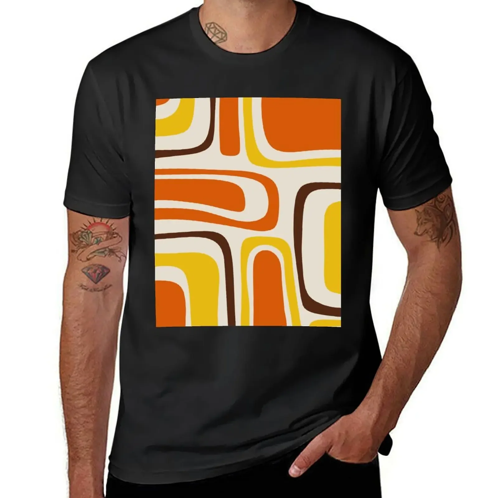 Palm Springs minimalista Mid-Century Modern Abstract in t-shirt Beige marrone giallo senape arancione anni '70