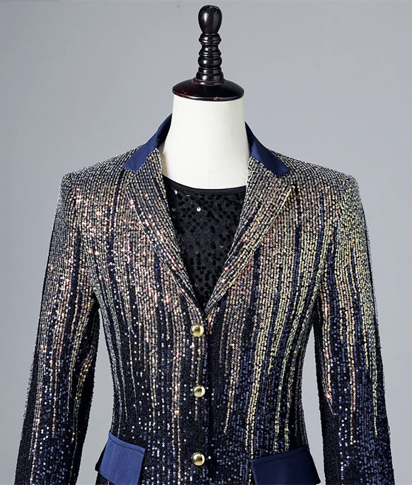 Luxury Gradient blue sequin leisure men's suit jacket, Shining dance outfit High Quality Wedding Party Dress Celebrity Gowns