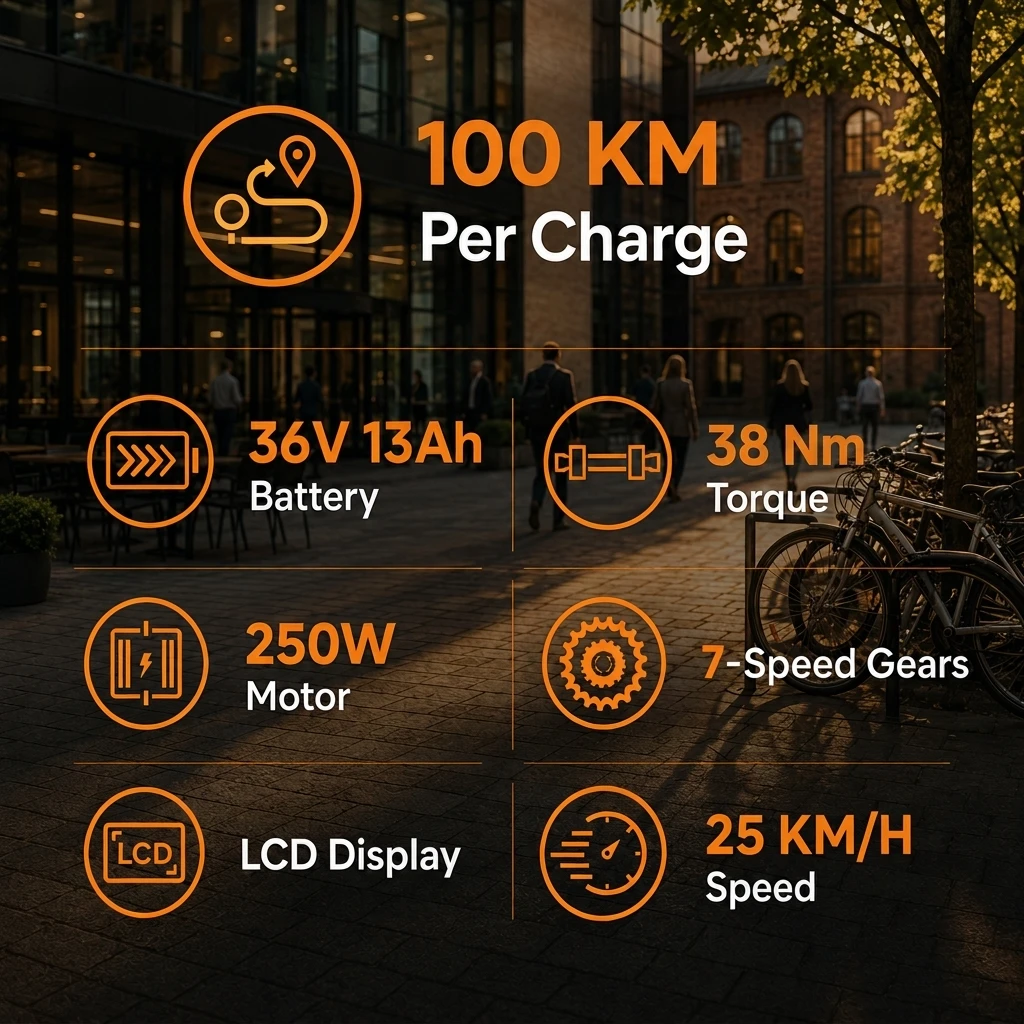 HillMiles MileCity 1 Bicicleta Eléctrica de 26", 250W 38Nm 36V13Ah Batería Extraíble, Autonomía de Hasta 80–100 Km, 7 Velocidades, Suspensión Delantera, Freno de Disco Mecánico, Bicicleta Eléctrica Urbana, 25km/h EPAC.