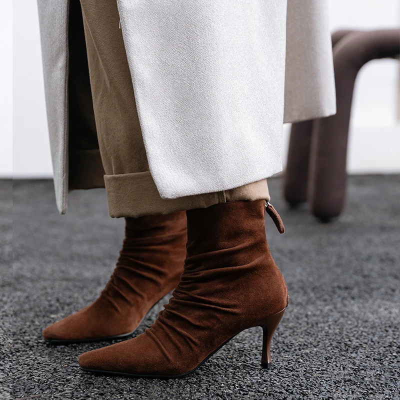 Woman Ankle Boots Sexy Heel Back Zip Women\'s Pleated Boots Basic Dress Shoes Pointed Toe Elegant Ladies Genuine Leather Botas