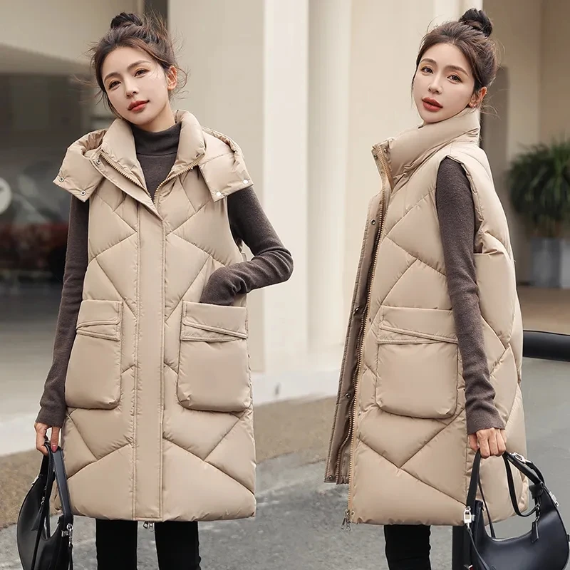 Inverno donna lungo con cappuccio caldo gilet donna solido cappello staccabile gilet senza maniche giacca Parka cappotti donna piumino di cotone