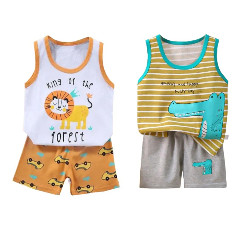 Summer Cartoon Lion Pajamas Vest+Shorts 2-Piece Clothing Set Kids Baby Boys Girls Cotton Casual Tracksuit Clothes Suit 1-6 Years