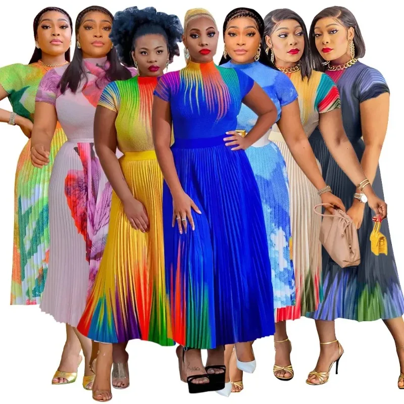 

K10386 Women's Fashion Round Neck Printed Short Sleeve Dress Amazon Best Seller Pleated Skirt Set Summer Cool Clothes