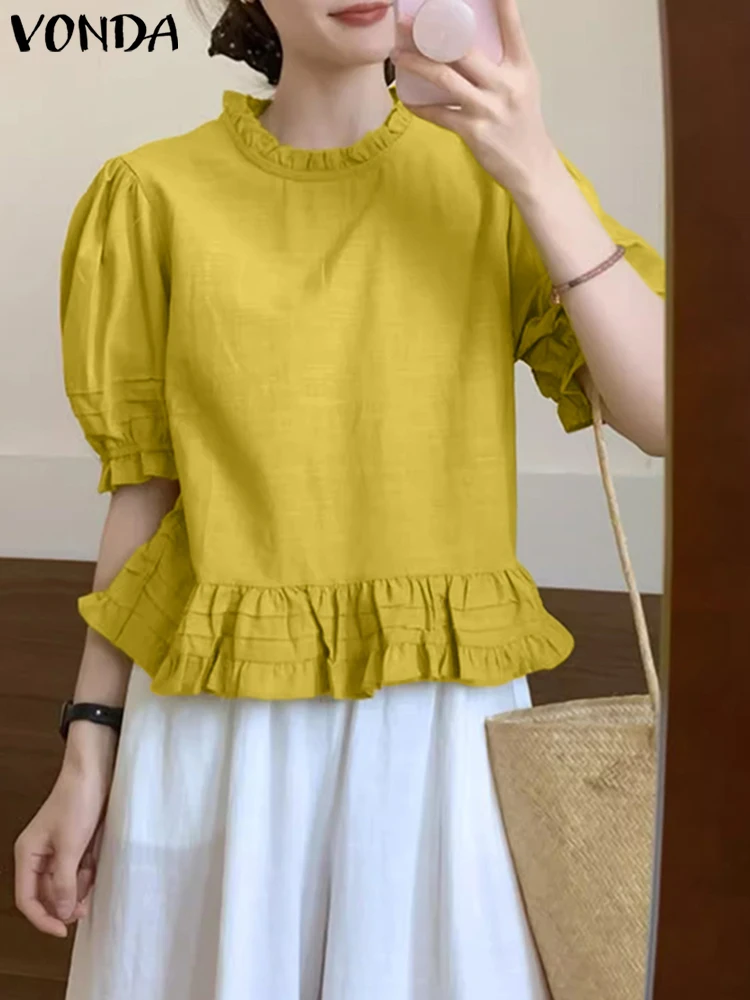 韓国風Oネックトップス レディースブラウス 2025 VONDA 半袖シャツ エレガントなフリル付きチュニック カジュアル ルーズ 無地 パフスリーブ ワークブラウス