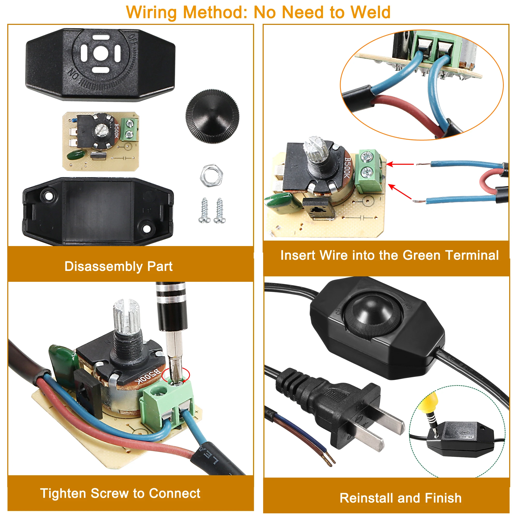 สวิตช์สายหมุน2ชิ้น AC 220V 2A 150W ควบคุมสไลด์ทุกช่วงไม่มีสกรูเชื่อมขั้วโคมไฟหรี่สีดำสำหรับไฟในร่ม