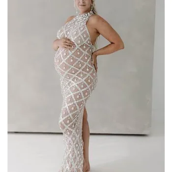 Verfraaide Zwangerschapsjurk Voor Zwangerschap Fotoshoot Rekbare Sexy Glanzende Godin Zwangere Jurken
