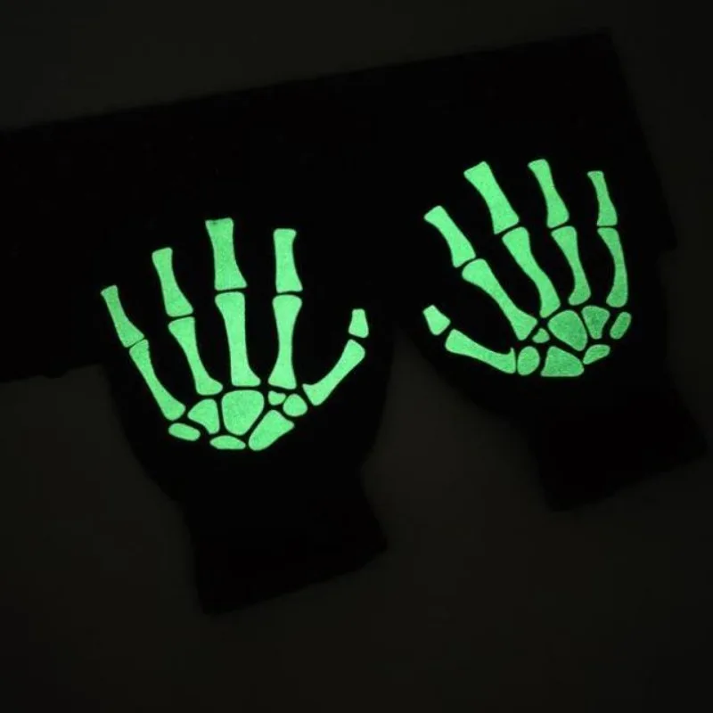 New Punk Gloves Unisex Halloween Skeleton Skull Half Finger Gloves Glow In The Dark Fingerless Stretch Knitted Winter Mittens