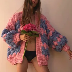 Autumn Winter Handmade Mohair Contrast Color Wave Striped Sweater Coat Knit Crocheted Cardigan Balls Hooked Lantern Sleeve Tops