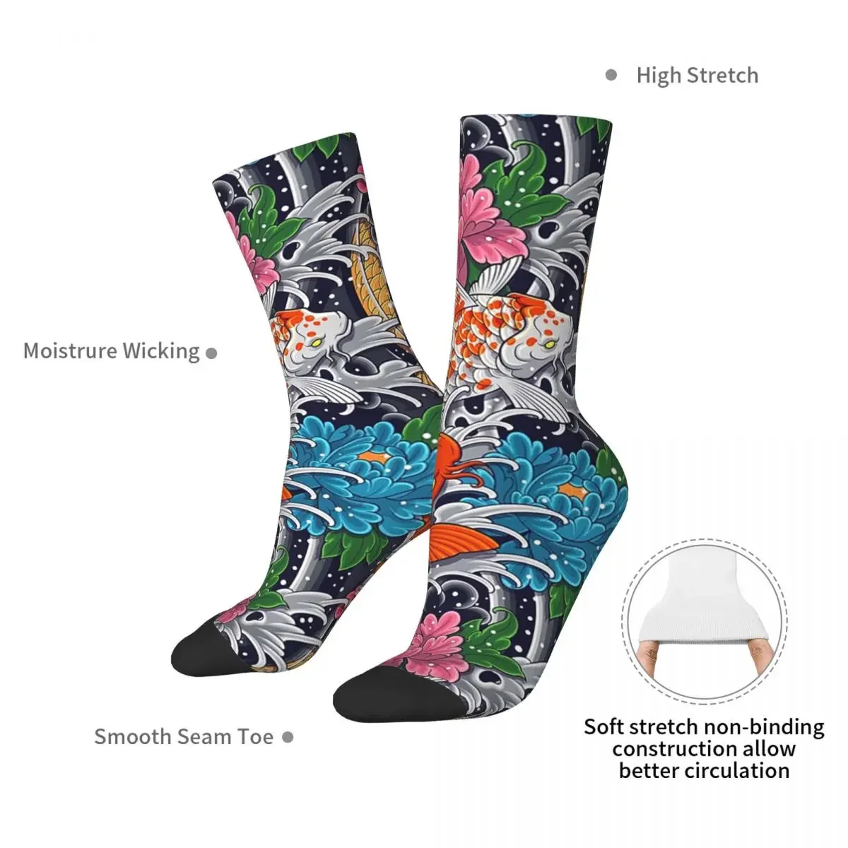 Koi Fish And Floral Pattern Socks Harajuku Sweat Absorbing Stockings All Season Long Socks Accessories for Unisex Gifts