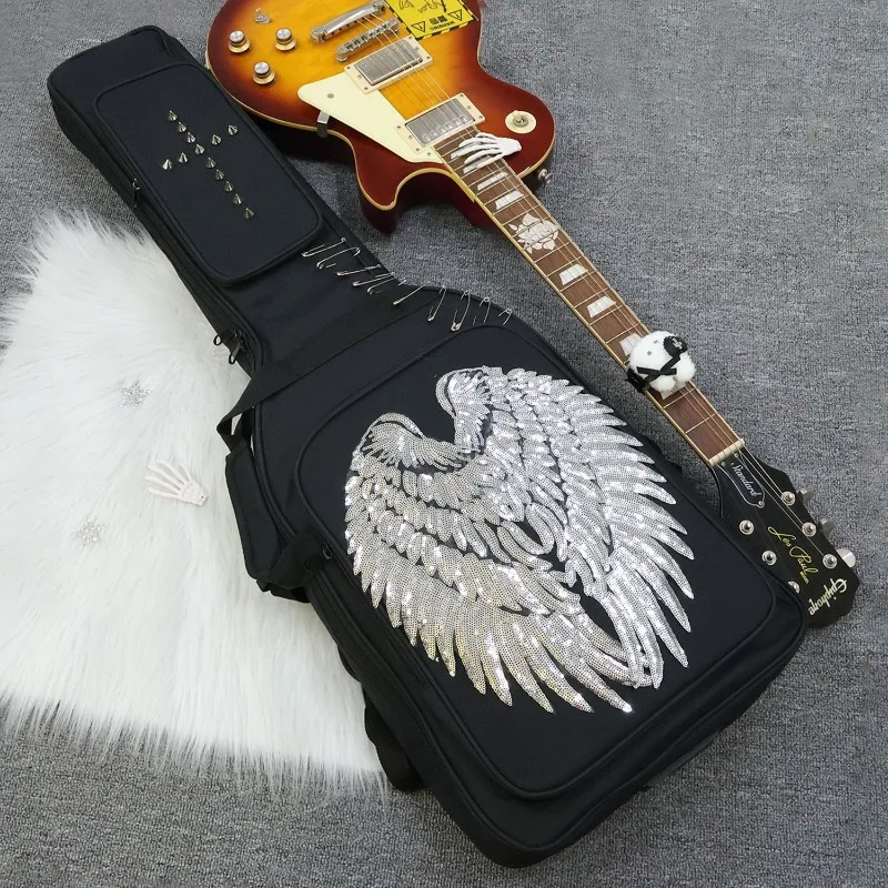 Punk Angel Wing Embroidered Guitar Bag, Thickened Shockproof Backpack, Electric Guitar Bass Case for Music Performance Storage