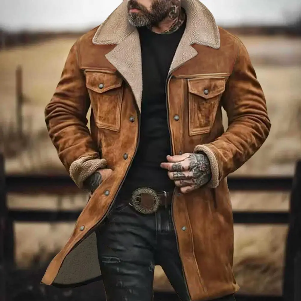 

Men Jacket Vintage Suede Autumn Winter Woolen Coat Lapel Single-Breasted Mid-Length Windproof Jacket Multi Pockets Outerwear