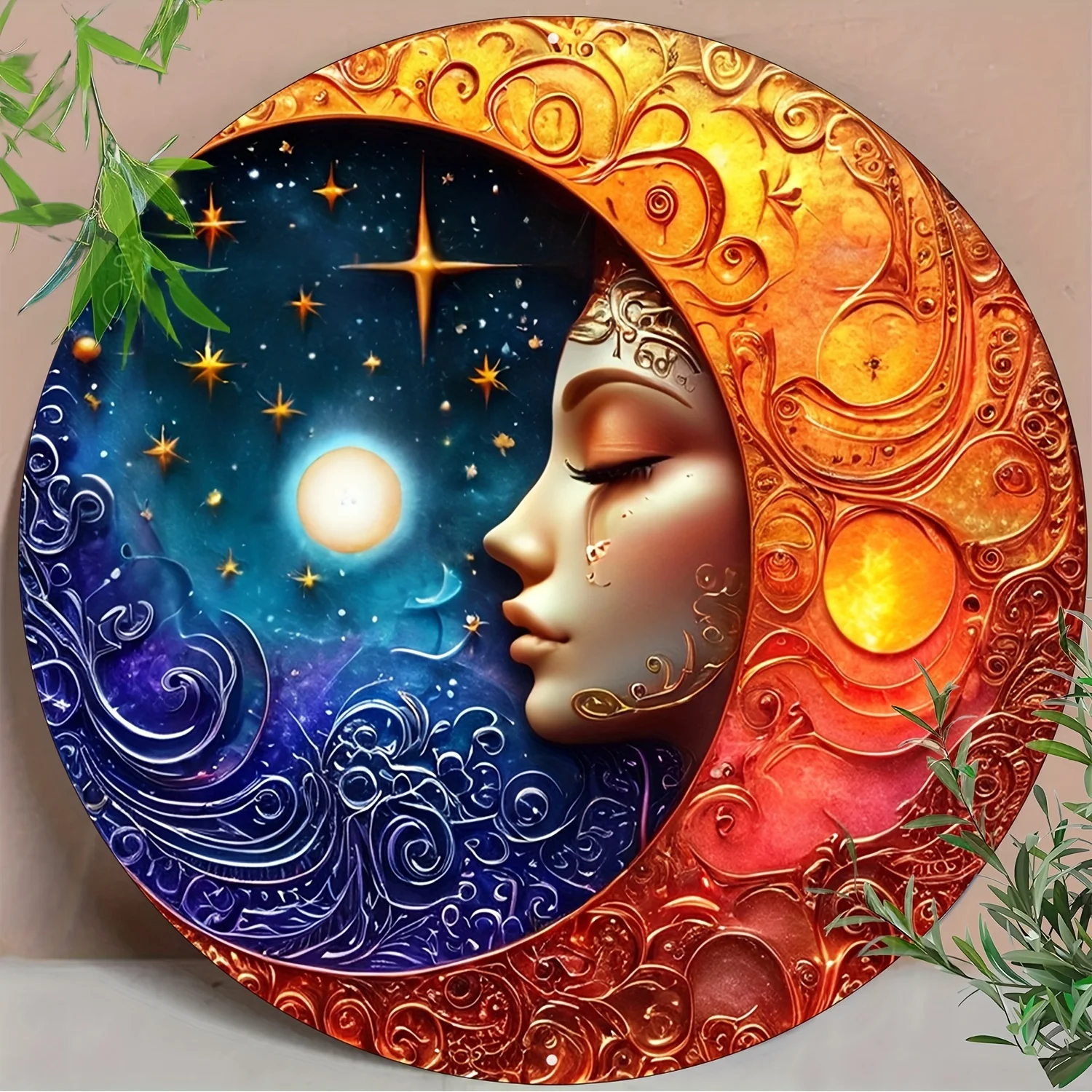 

Mysterious Sun And Moon Wall Art Aluminum Logo Printed Faux Stained Glass Textured Decor, Ideal For Bedrooms And Circle Lovers