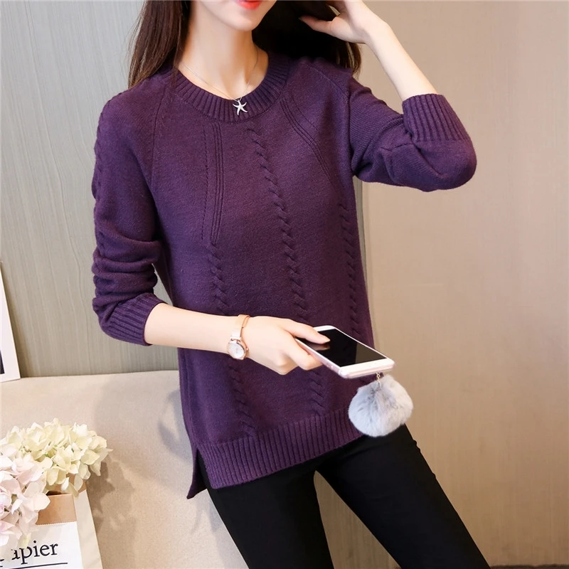 Autumn Winter Women's Solid Pullover Round Neck Paisley Screw Thread Long Sleeve Sweater Knitted Undershirt Office Lady Tops