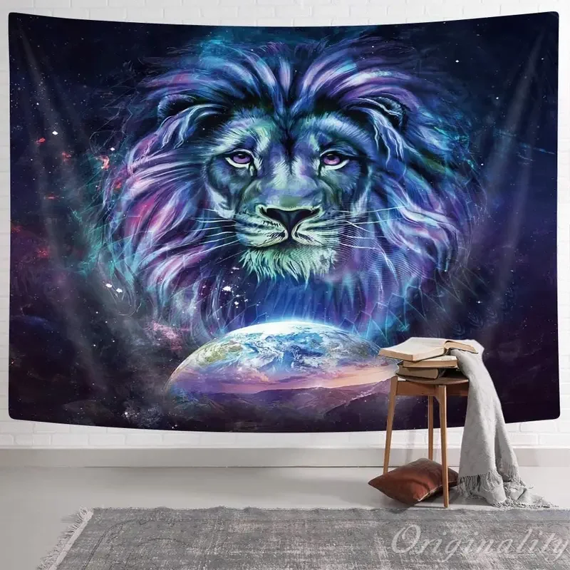 Cool lion in the universe surreal style carpets wall art print man men's room wall hanging home yurt for living room decor