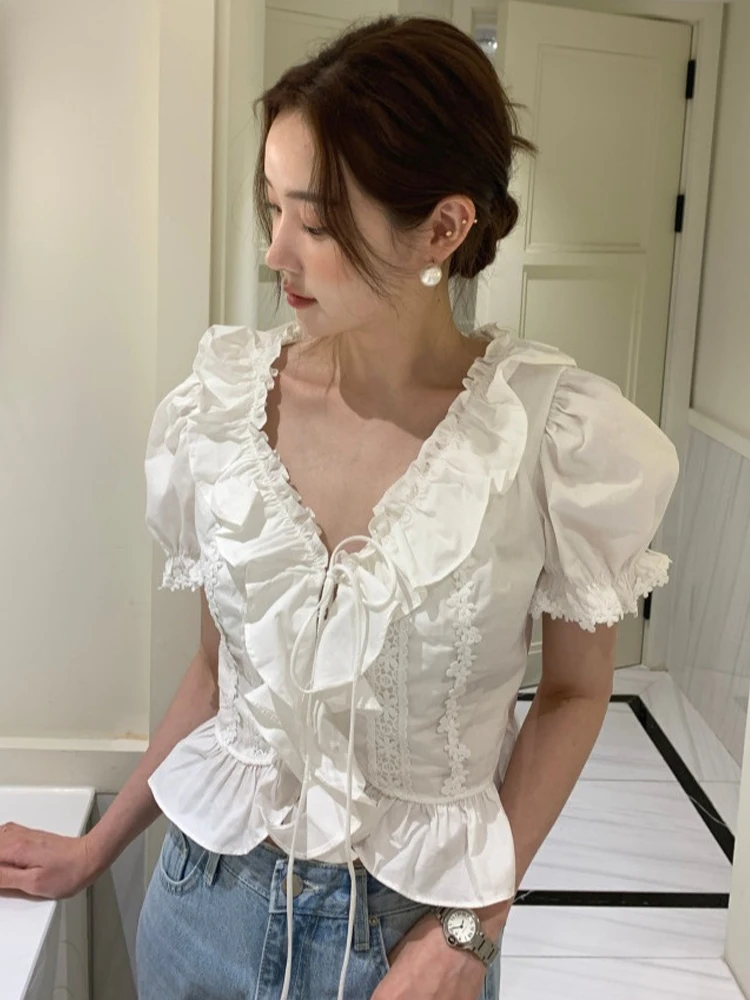 

Faionable Women's ort Bubble Sve irt V-Ne Tie Waist Slim Fit Pleated Korean Sle Commute Bubble Sve Top