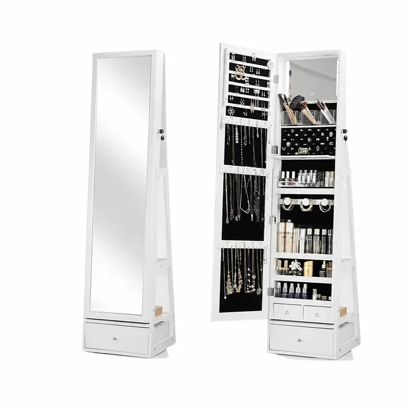 Rotating Full Body Floor Mirror with Jewelry Cabinet Storage for Bedroom Cloakroom Makeup and Skincare Organization