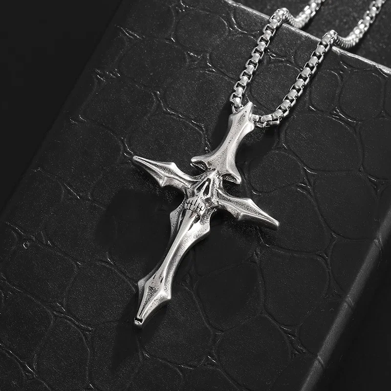 Gothic Skull Grimace Cross Pendant Necklace for Men Personality Punk Christian Exorcism Jewelry