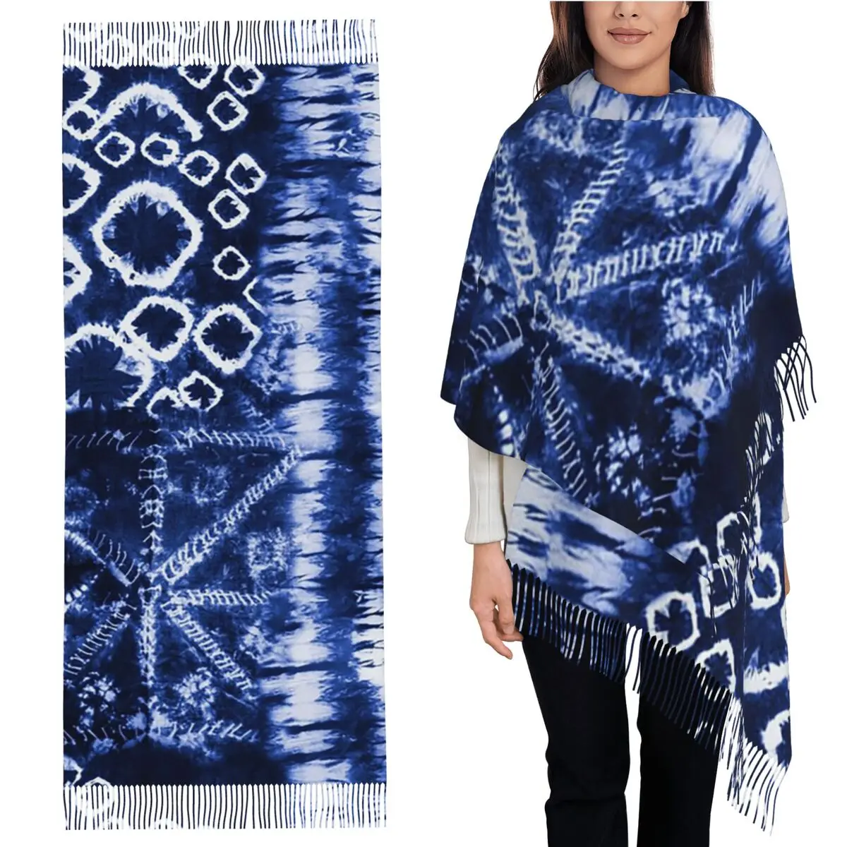 

Темно-синий летний Tie Dye Batik Wax Tie Die Шарф с принтом Шарфы с кисточками Женские теплые шали и накидки Длинная осенне-зимняя шаль