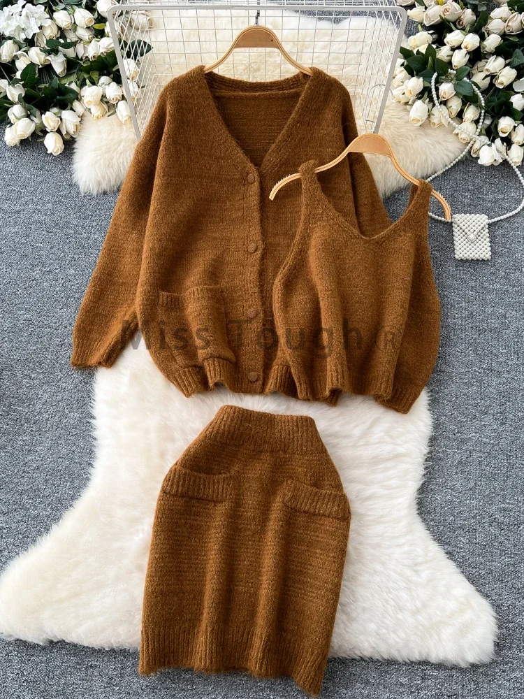 Autumn Fashion Sweet Knitted 3 Piece Set Women Sling Vest+Long Sleeves Cardigan+Sweater Female Skirt Solid Casual Chic Suits New