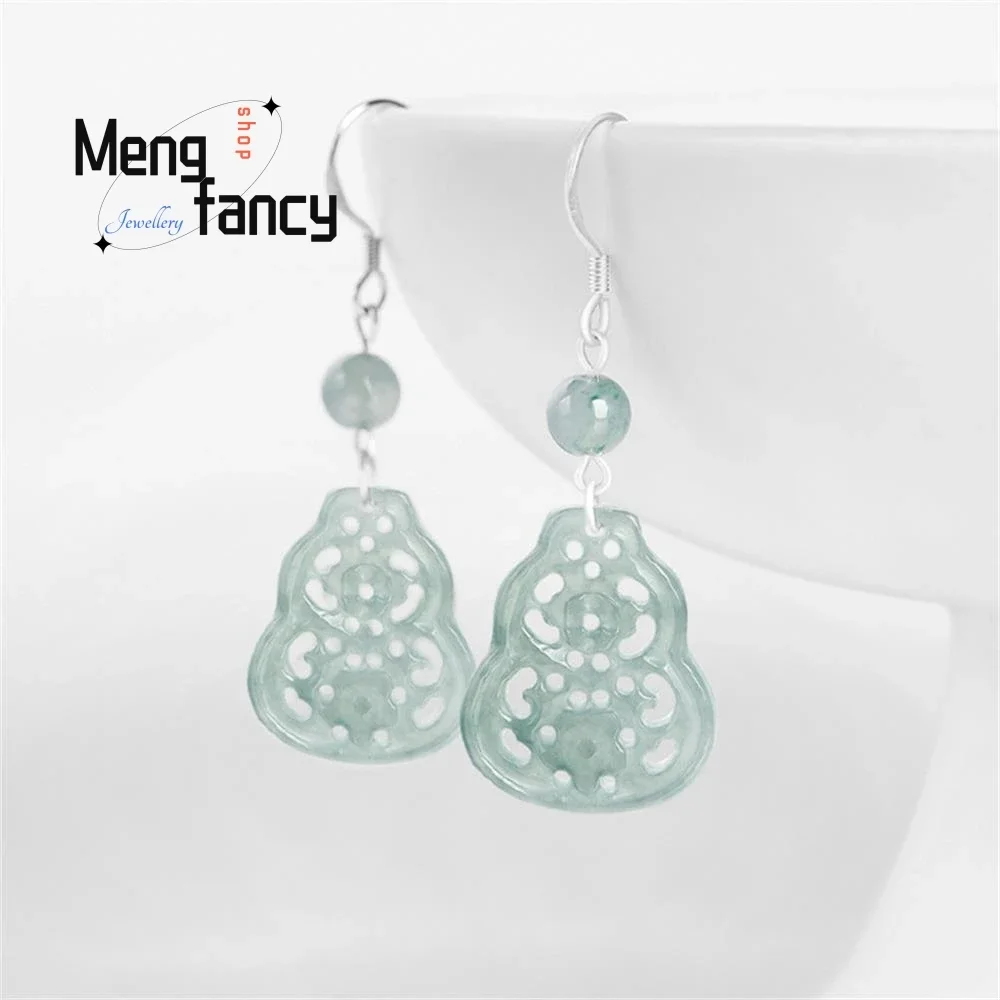 

Natural A-goods Jadeite Blue Water Gourd S925 Silver Ice Jade Earrings Ancient Style Exquisite Elegant Luxury Fashion Jewelry