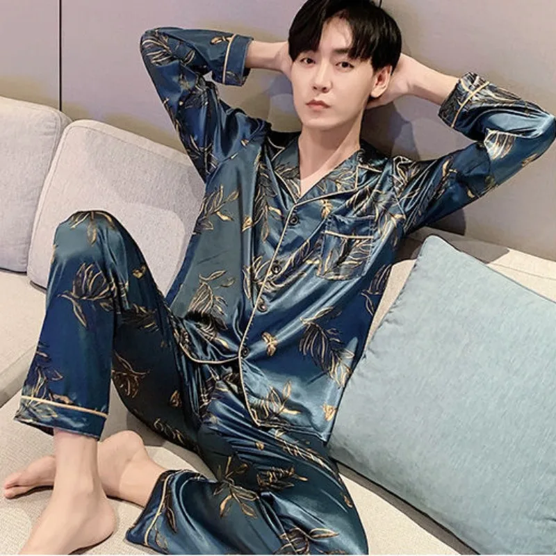 Cartoon Pajamas Men\'s Ice Silk Thin Long Sleeves Sleepwear Set Spring Autumn Oversized 95kg Young Boys Loose Home Service Suit