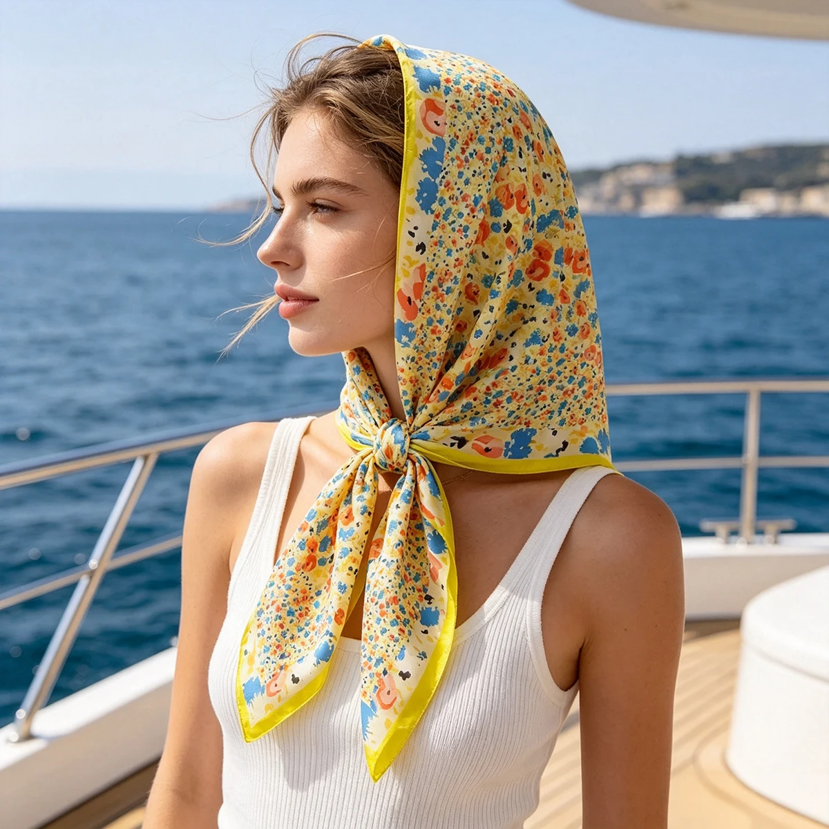 Summer Fresh Watercolor Floral Square Hijab Scarf Soft Satin Boho Beach Vacation Bandana for Women Neck Hair Headband Tie Bag