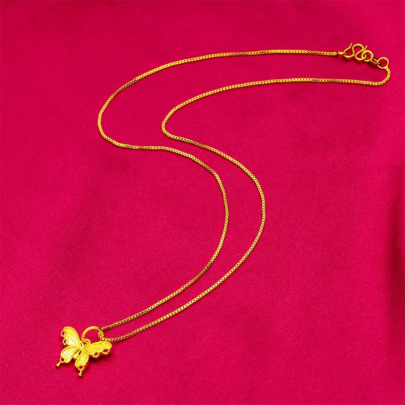 2026 Vietnamese Sand Gold Women Butterfly Pendant Necklace Thin Box Chain Fashion Jewelry For Party Daily Wear Birthday Gift Who