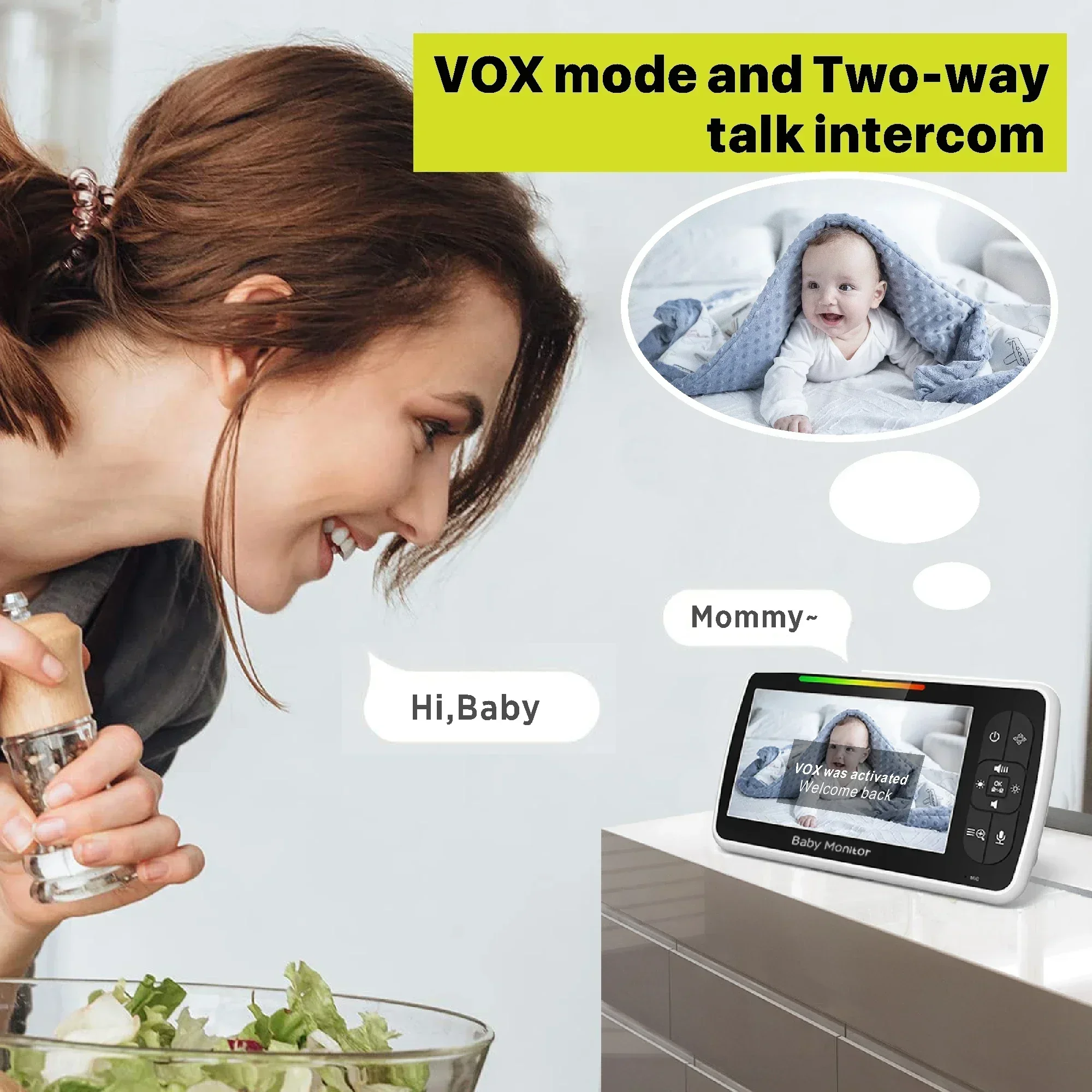 New 5-inch Lullaby Video Intercom Baby Monitor Crying Alarm VOX Mode Nanny Camera and Audio Remote Night Vision SM650