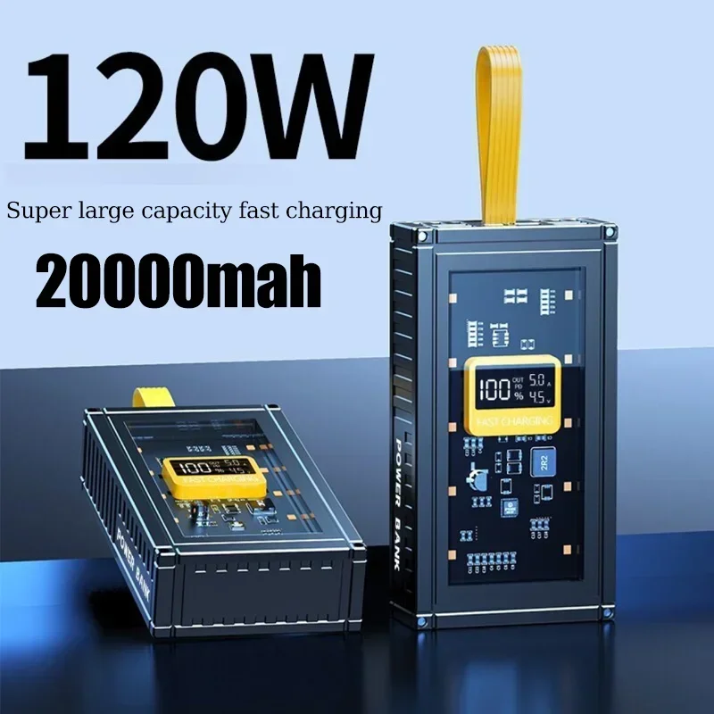 New transparent power bank 120W large capacity 50000mAh 20WPD two-way fast charging with LED light suitable for iPhone/Xiaomi 14