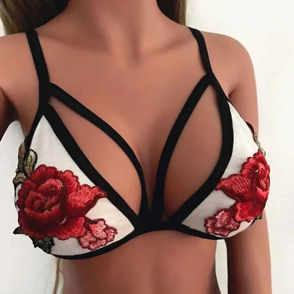 

Women Fashion Deep-V Embroidery Floral Bra Top Lady Girls Sexy Unpadded Bras Strappy Erotic Underwear